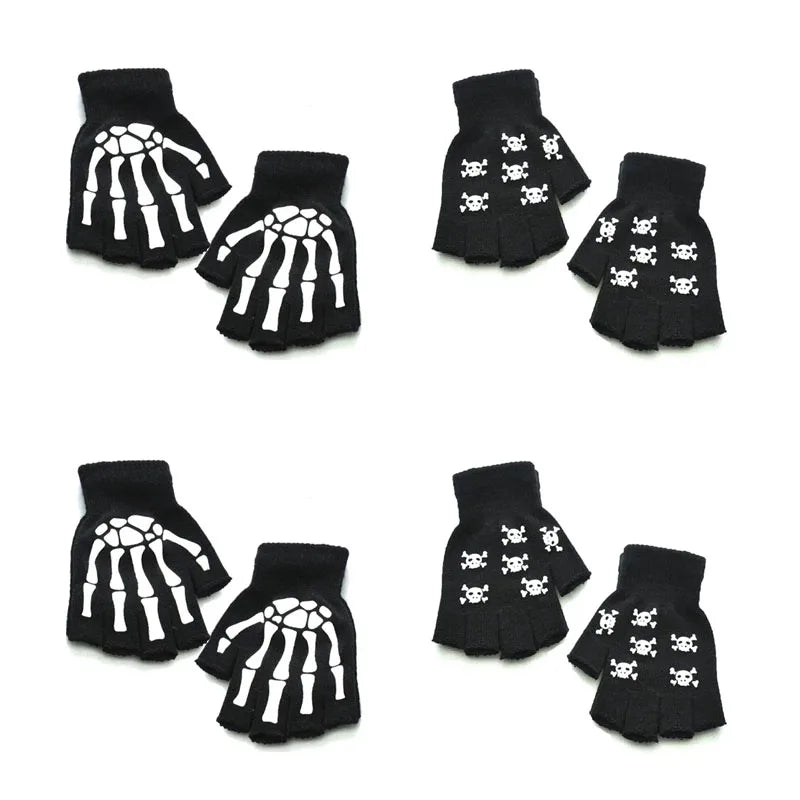 1/2/3/4pairs Adult Kids Halloween Skull Half-Finger Punk Gloves Winter Skull Fingerless Black Gloves Oasis Select mix-4pairs 1