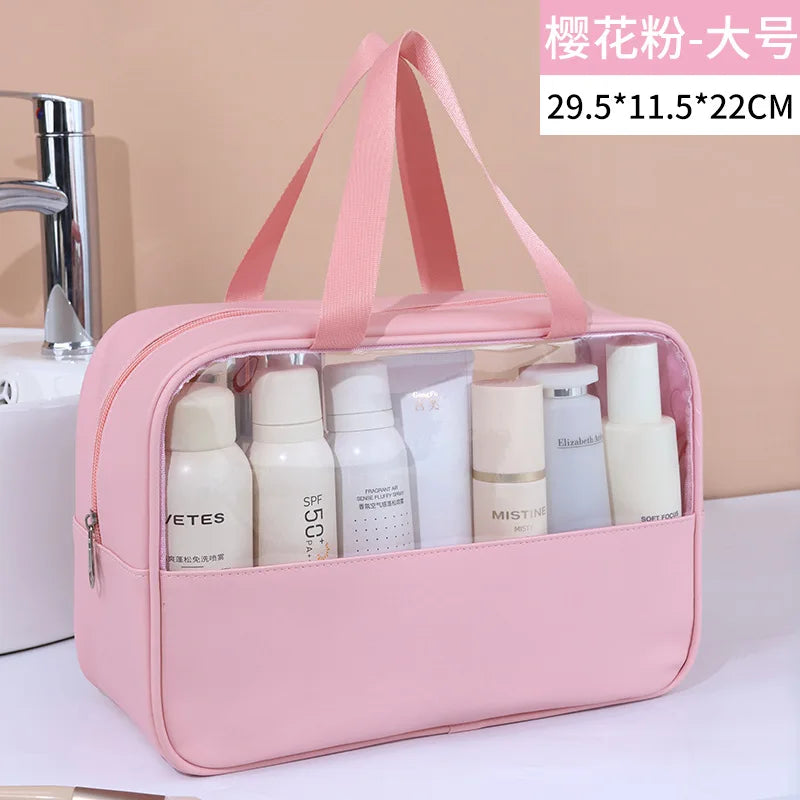 Portable Travel Cosmetic Bag Women Transparent Makeup Bag Large-Capacity Bath Wash Bags Multifunction Waterproof Storage Case Oasis Select pink L