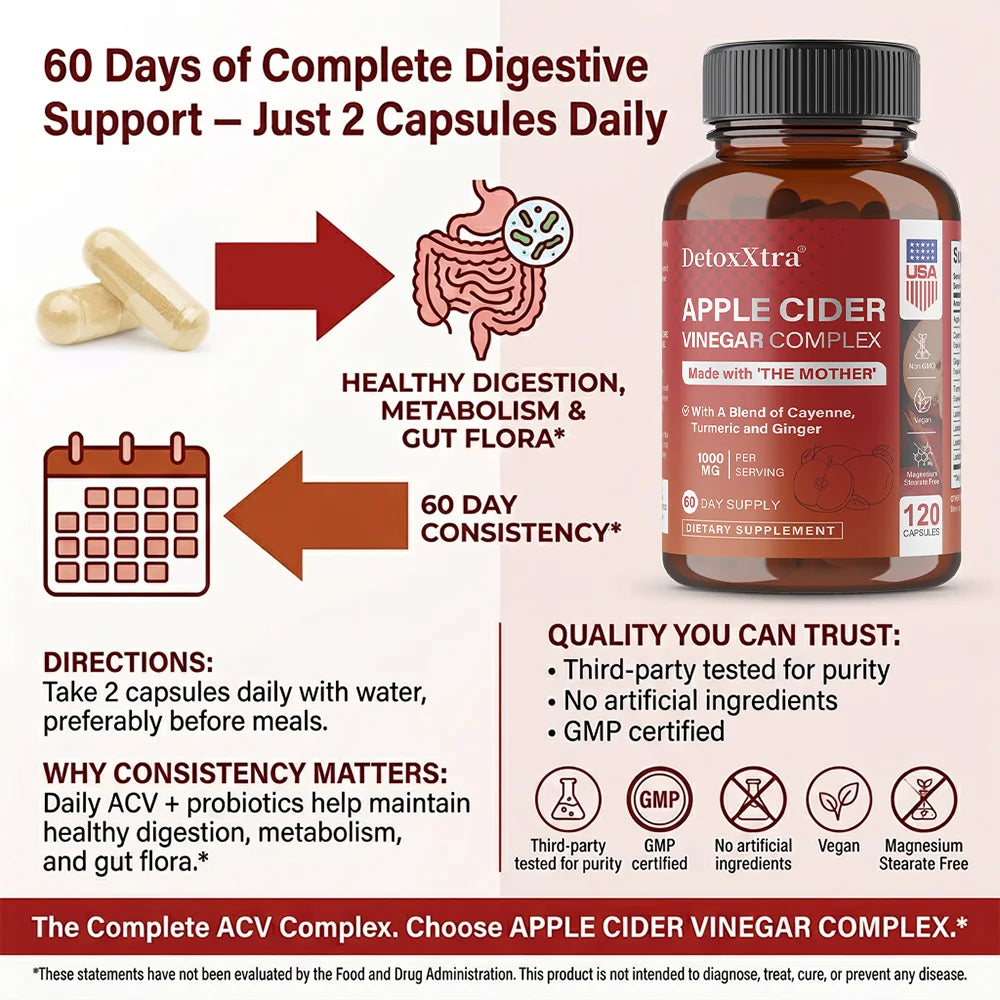 DETOXXTRA Apple Cider Vinegar Capsules 1000mg – 120 Ct ACV Dietary Supplement Oasis Select