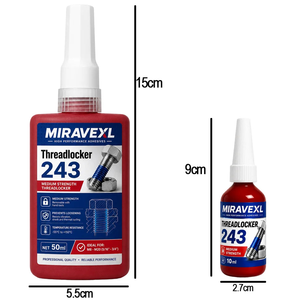 MIRAVEXL Threadlocker 243 Medium Strength Screw Glue Anaerobic Adhesive for Bolts NutsThreads Removable Anti Loose 10ml 50mlKit Oasis Select