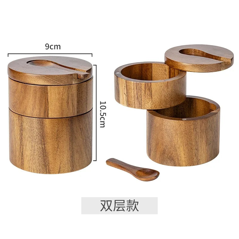Wooden Salt Cellar with Spoon Kitchen Salt Box Pepper Jar with Swivel Closure Lid Round Container To Condiment Spice Container Oasis Select 2Layer