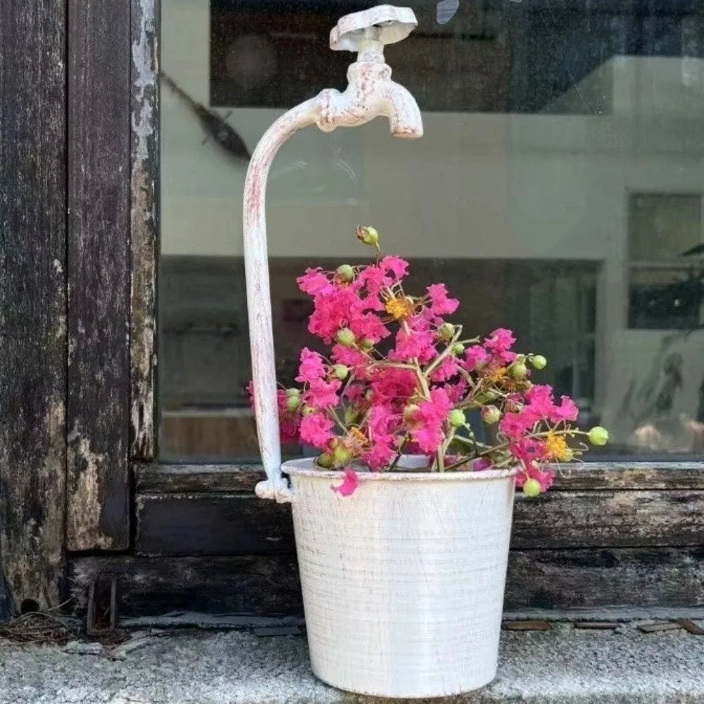 Rustic Metal Faucet Flowerpot | Vintage Iron Flower Bucket