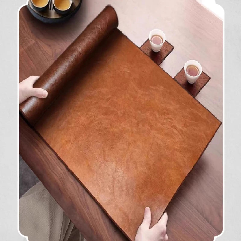 A New Chinese-style Waterproof Oil-proof Double-sided Two-color Zen-inspired Coffee Table Mat Made of Horsegrain Leather Oasis Select