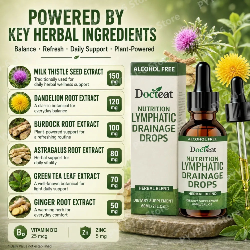 Docteat Lymphatic Drops 60ml | Vitamin B12, Zinc & Dandelion Root Herbal Liquid Supplement Oasis Select