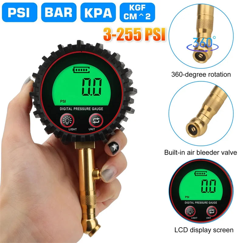Tire Pressure Gauge 3-255PSI Backlight LCD Display Digital Air Pressure Gauge For Car Trucks Bikes Oasis Select Default Title