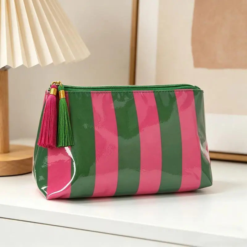 Waterproof Striped PVC Cosmetic Bag with Tassel Zipper
