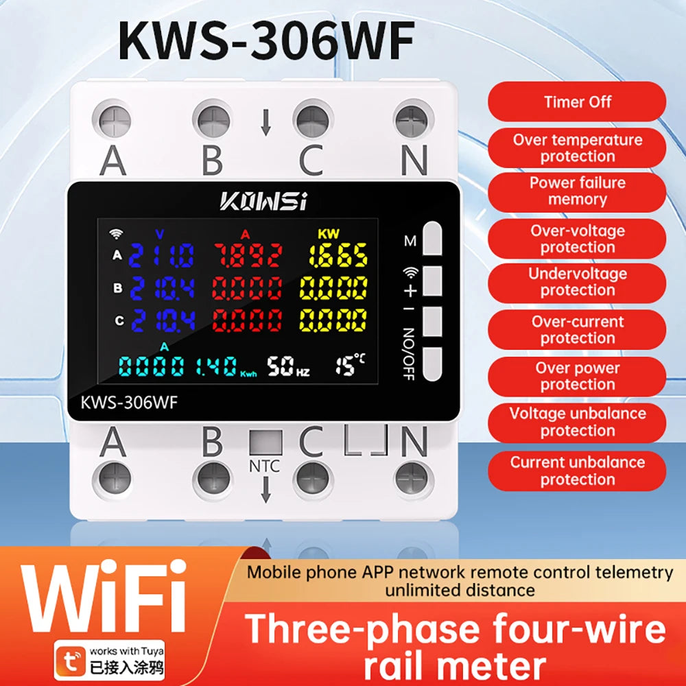 KWS-306 Digital Watt-Hour Meters Electricity Meter Smart Life Three-phase Four Wire Guide Rail Meter Energy Meter Power Meter AC Oasis Select Type C
