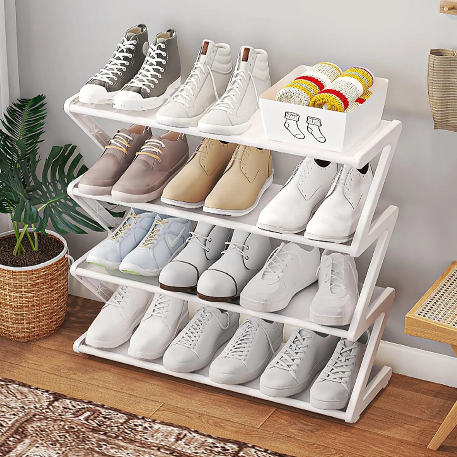 4-tier stainless steel shoe rack that saves space and is suitable for wardrobes, entryways, bedrooms, floors, and outdoor use Oasis Select white color
