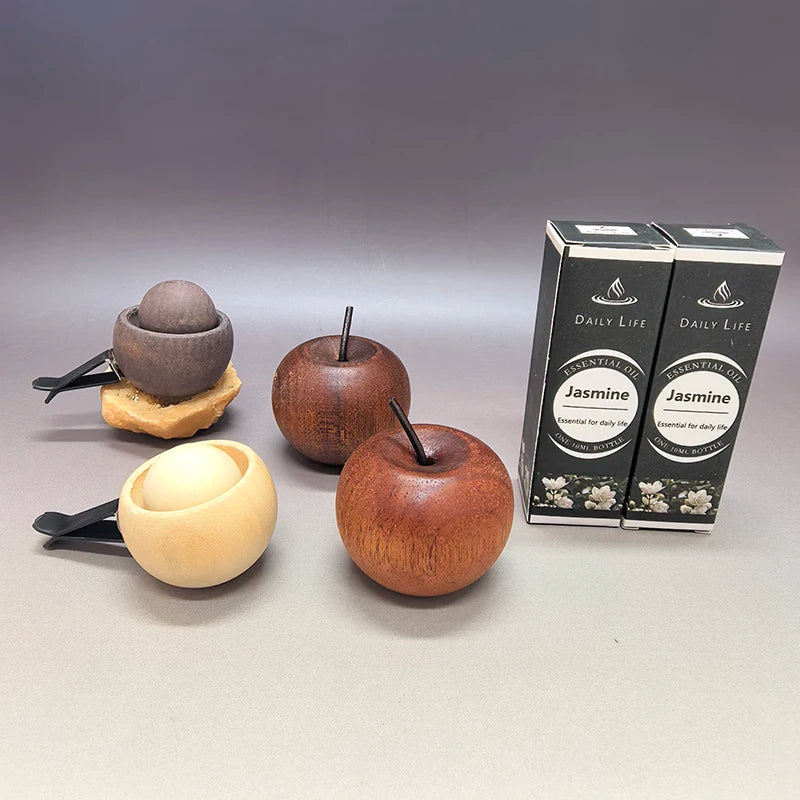 Wooden Oil Diffuser with Essential Oil Set，2pcs Apple Style+2pc Sphere+2 Bottles Essential Oil,for Bedroom Living Room Car Decor Oasis Select jasmine set