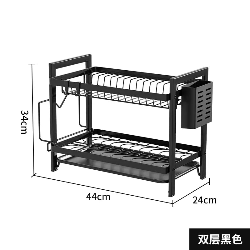 Kitchen Dish Drain Rack Double-layer Tableware Storage Rack Tableware Shelf Drain Basket Sink Dishwasher Dish Rack Oasis Select 2nd Floor-Black KT