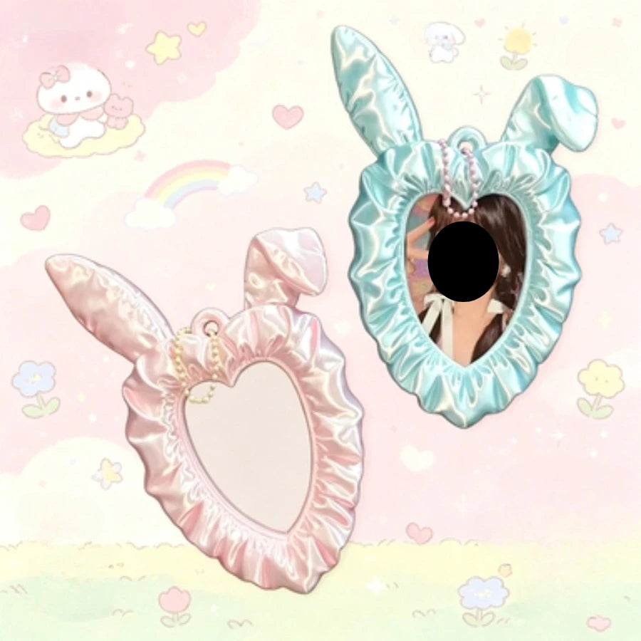 Cute Rabbit Ear Heart-shaped Photo Booth Silk Satin Idol Photo Frame PLA Material Style Card Holder Keychain Photo Display Frame Oasis Select