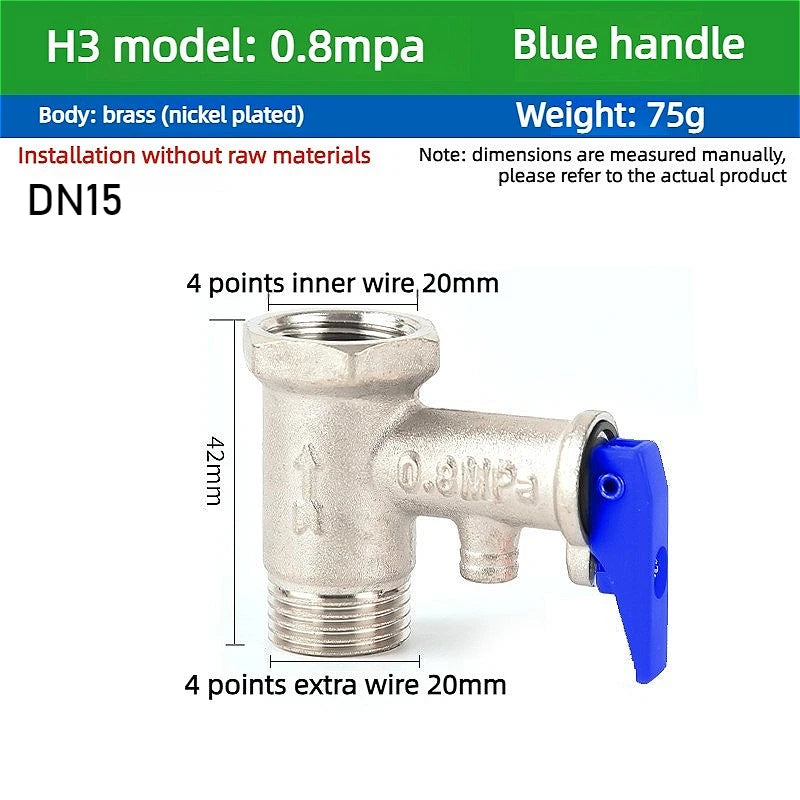 Durable Brass Safety Valve, Adjustable Pressure Relief Valve Protects Enclosed Water Systems From Overpressure Exhaust Fittings Oasis Select 0.8MPA Blue handle