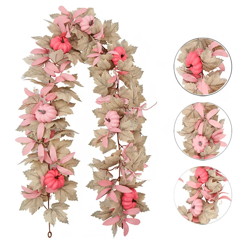 Fall Maple Leaves Garland Hanging Artificial Autumn Garland with Pink Pumpkins Flowers Berries For Halloween Thanksgiving Decor Oasis Select