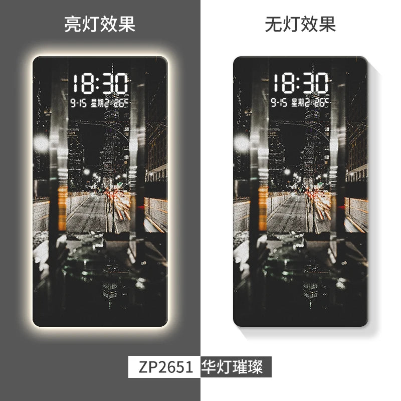 Led Electronic Wall Hanging Clock Porch Decorative Painting City Night Scene Advanced Sense Human Induction Wall Clock Oasis Select ZP2651 80cm x 40cm plug in