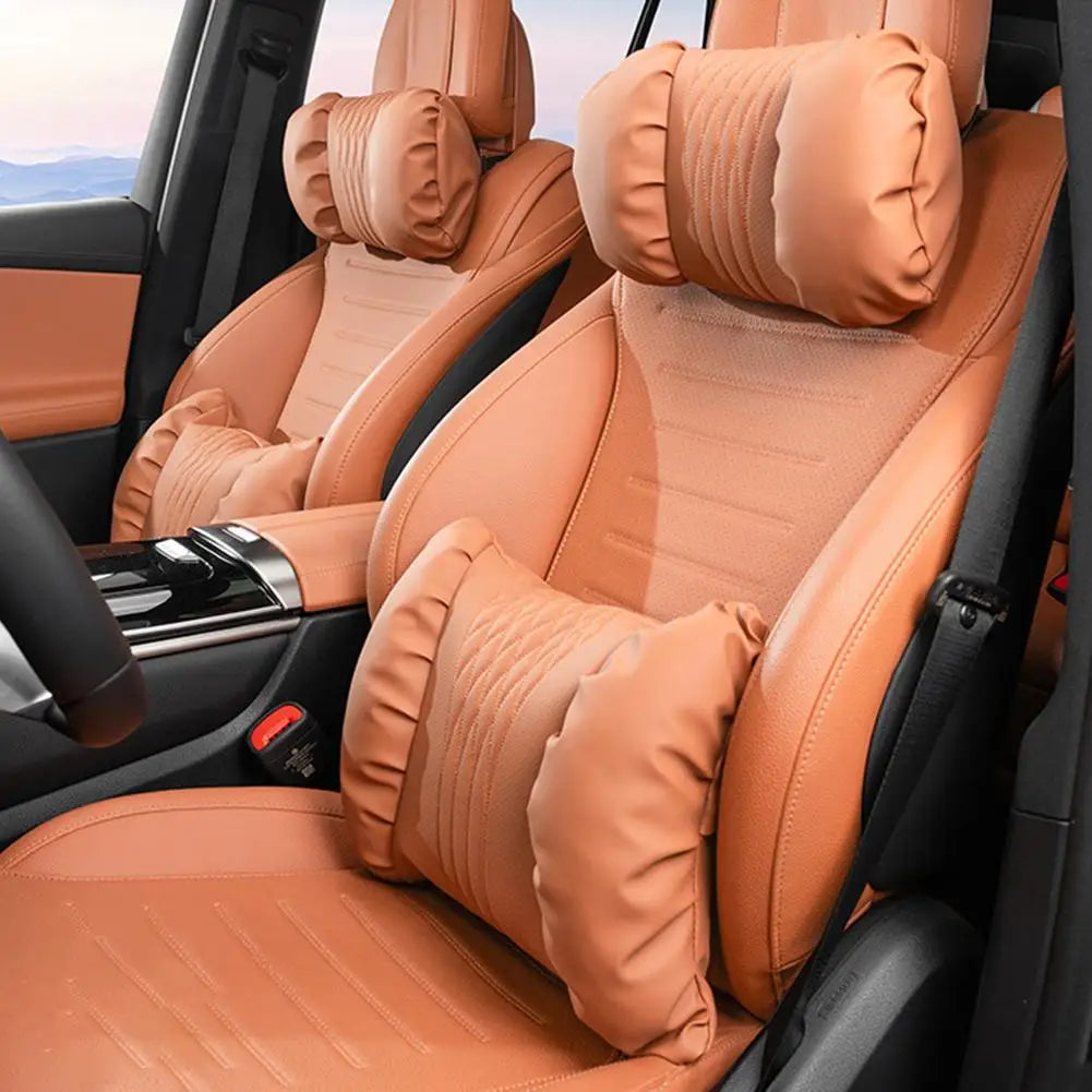 Nappa Leather Car Headrest & Lumbar Support Pillow Set