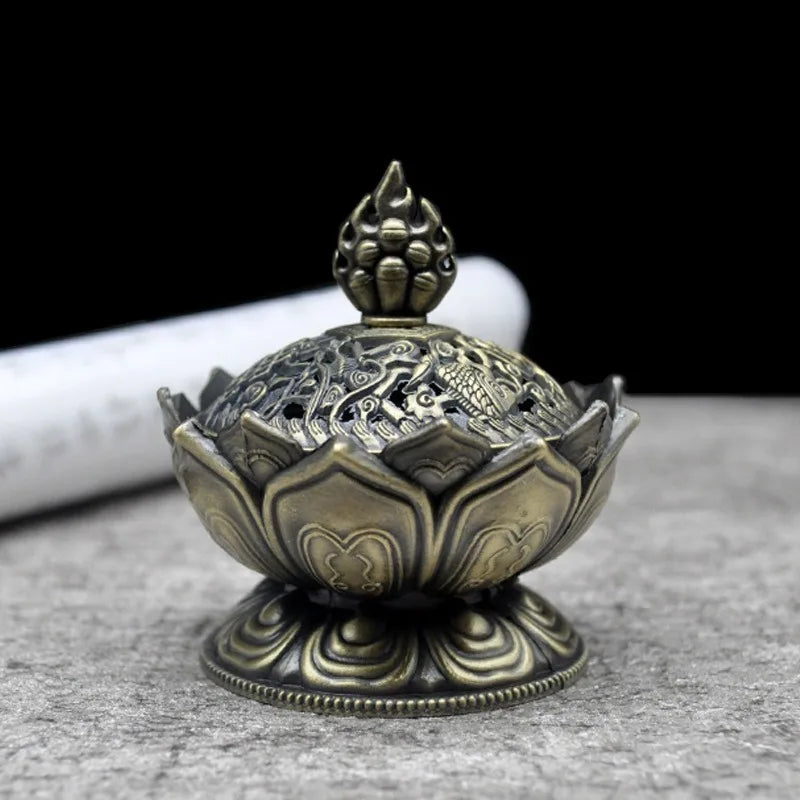 Vintage Copper Lotus Incense Burner Eight Treasures Zinc Alloy Aromatherapy Burner Sandalwood Incense Stove Oasis Select