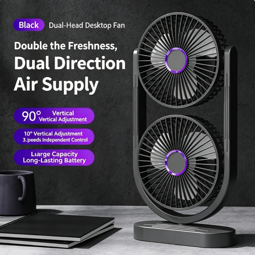 Portable Turbo Desk Fan 3 Speeds Ultra Quiet Type-C Rechargeable Dual Head Air Circulation Fan for All USB Power Sources Oasis Select Black