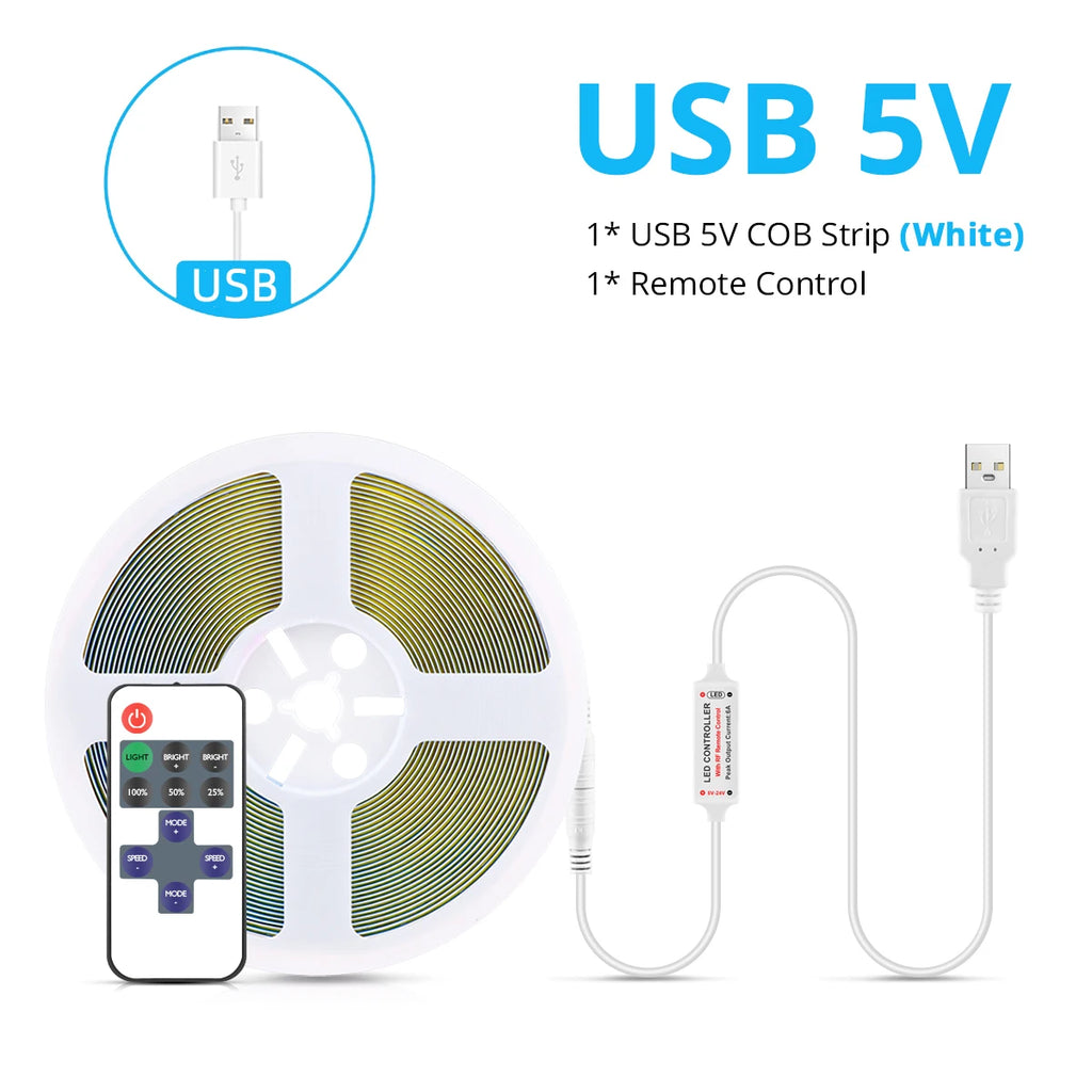 5V 12V 24V Dimmable COB LED Strip USB Plug/EU Plug RF Remote Control 320LEDs/M Kitchen Living Room Backlight Decor Night Light Oasis Select DC5V USB Plug Natural White 5m lamp kit