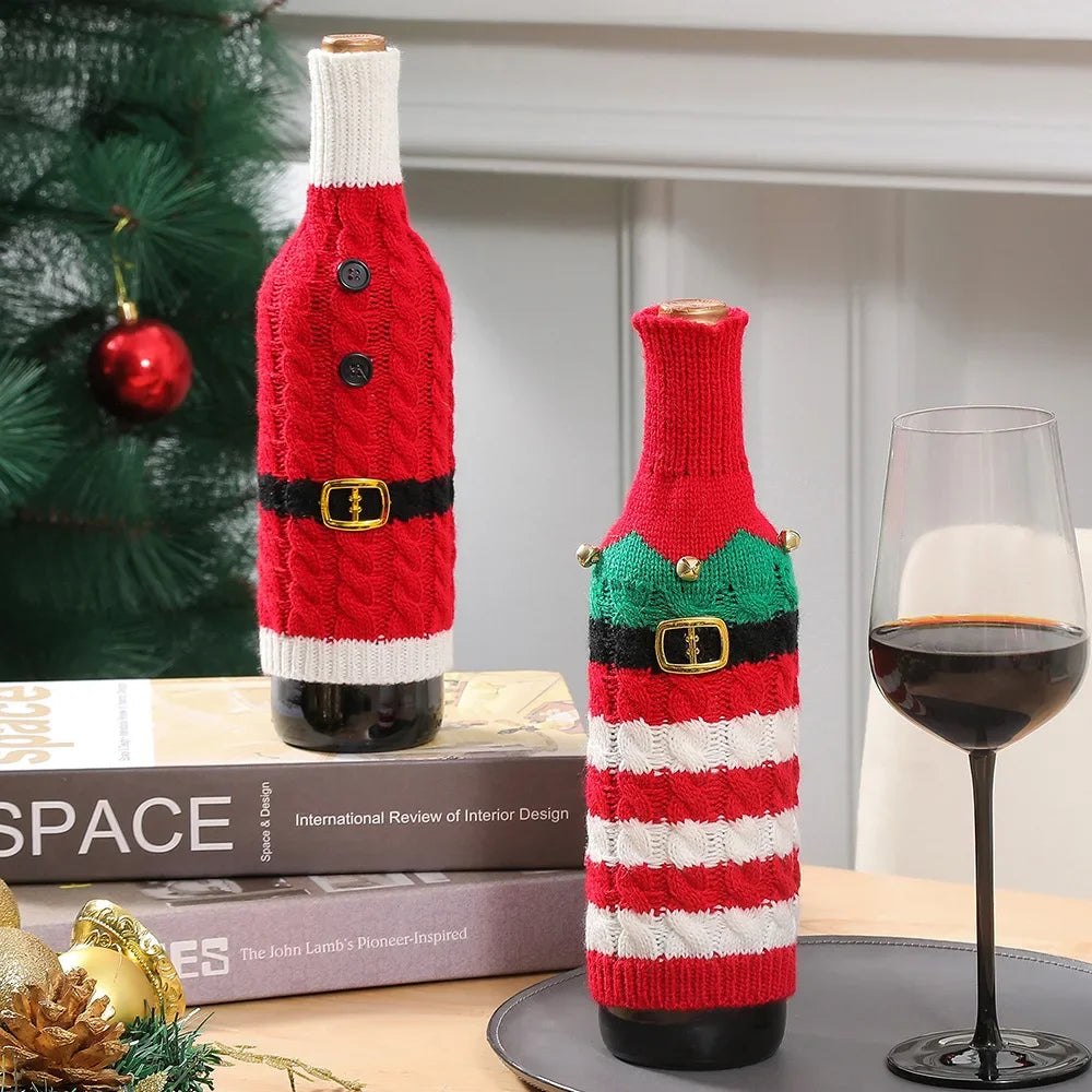 New Christmas decorations Knitted striped creative wine bottle sleeve Kitchen restaurant wine bottle dress up gift bag Oasis Select