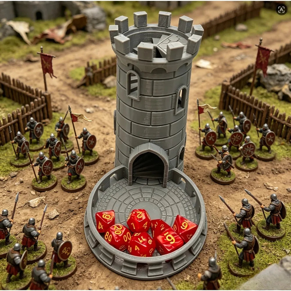 3D Printed Medieval Fort Castle Dice Tower Spiral Staircase Roller Tray for DND RPG MTG Tabletop Role‑Playing Game Accessory Oasis Select