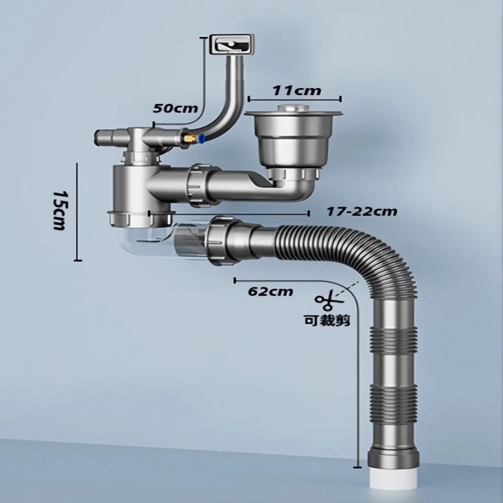 Plastic Sink Drain Pipe Set Easy Install Space Saving Sewer Replacement Pipe Single/Double Bowl Anti-Leak Drainage Kit Kitchen Oasis Select Single-slot Style 2