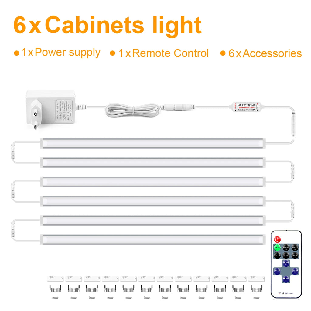 30/40/50CM Linkable Aluminium LED Tube Dimmable RF Remote Control Cabinet Light Bar Kitchen Wardrobe Storage Showcase Backlight Oasis Select 6PCS LED Light Bar Warm White 30cm|USA Power Plug