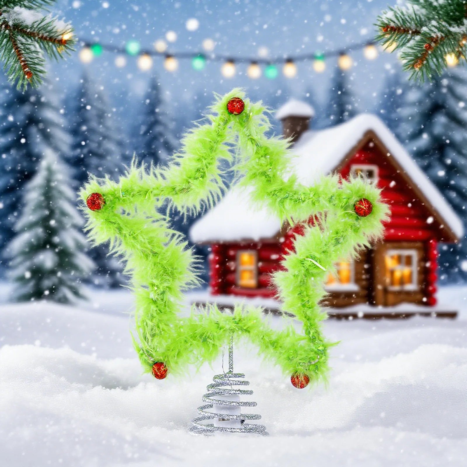 Christmas Fuzzy Grinch Star Tree Topper Iron Green Plush Holiday Festive Creative Home Party Decor Ornament Oasis Select