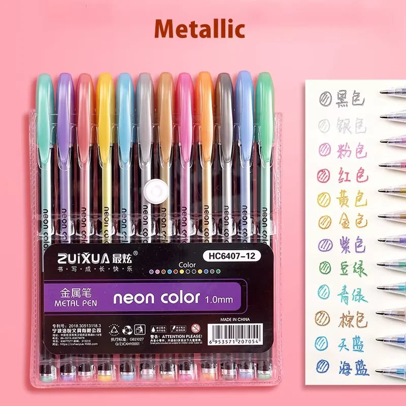 12/24Pcs Metallic Glitter Colors Gel Pens For School Office Adult Coloring Book Journals Drawing Art Markers Promotion Pen Oasis Select 12pcs Metallic Pen