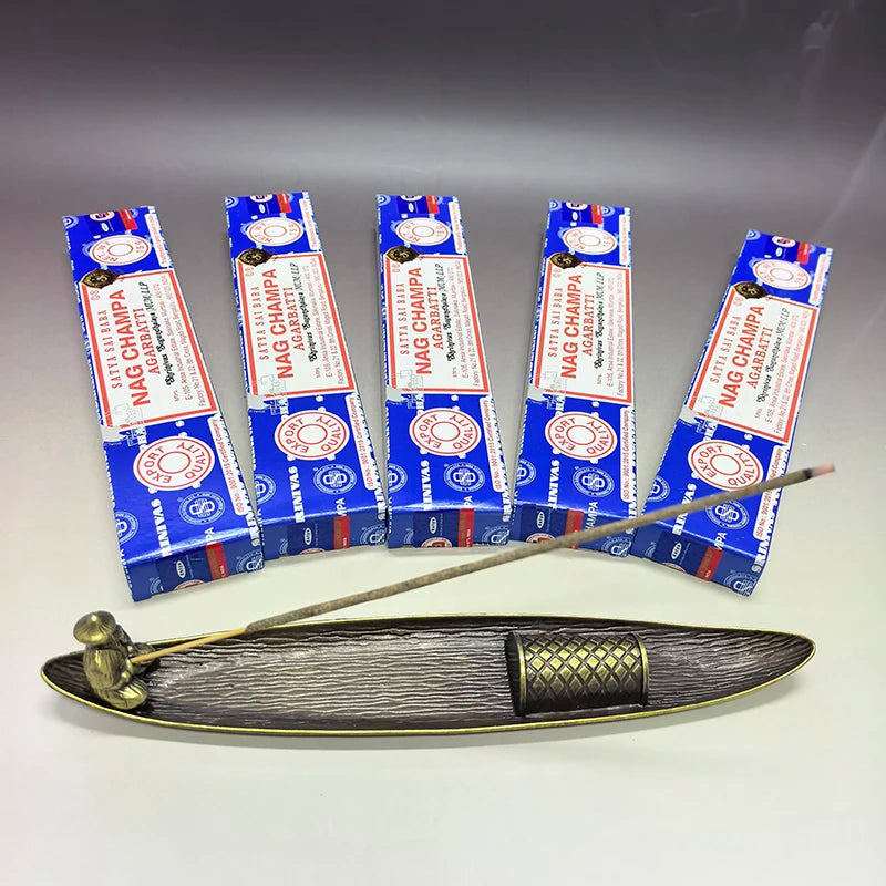 5Boxes Satya NAG Champa Incense Sticks with 1pc Boat Old Men Fishing Incense Holder, for Yoga Meditation ，Home Fragrance Decor Oasis Select