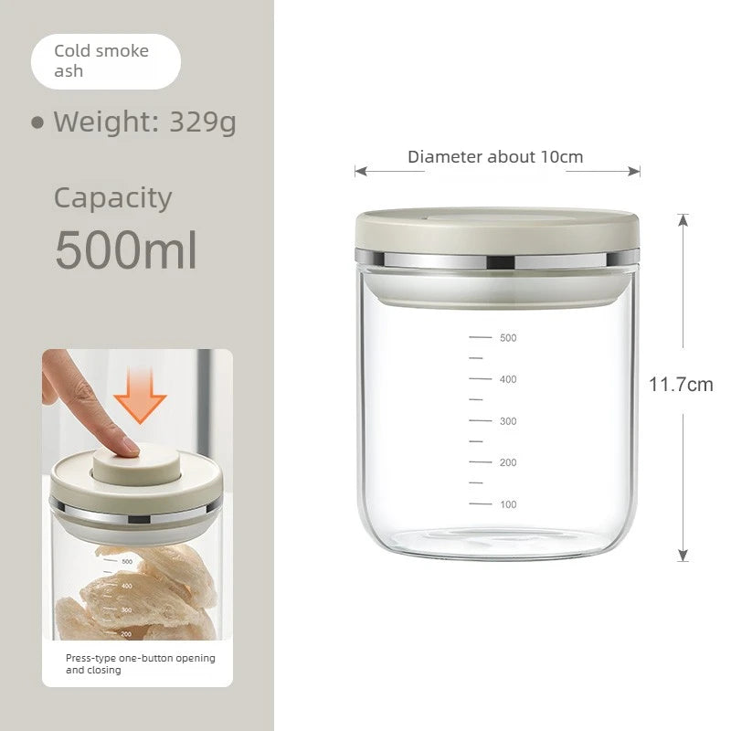 Glass Jar Micro Vacuum Sealed Jar Press Moisture-proof Flower Glue Tangerine Peel Storage Coffee Bean Storage Oasis Select smoke gray - 500ml