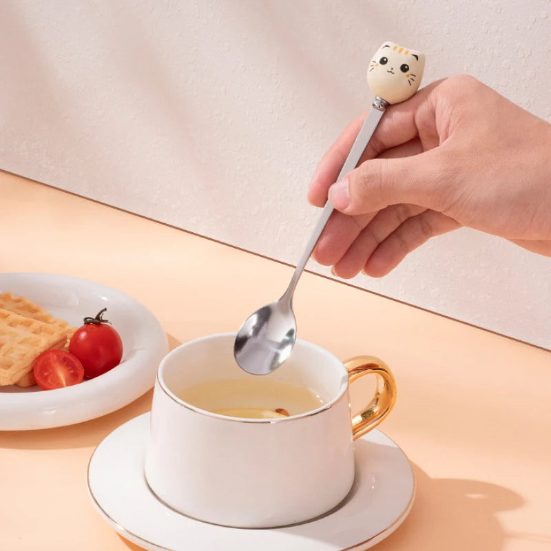 Stainless Steel Coffee Dessert Spoons with Long Cat Handle Cartoon Ice Cream Stirring Spoon Ceramic Kitchen Flatware Oasis Select
