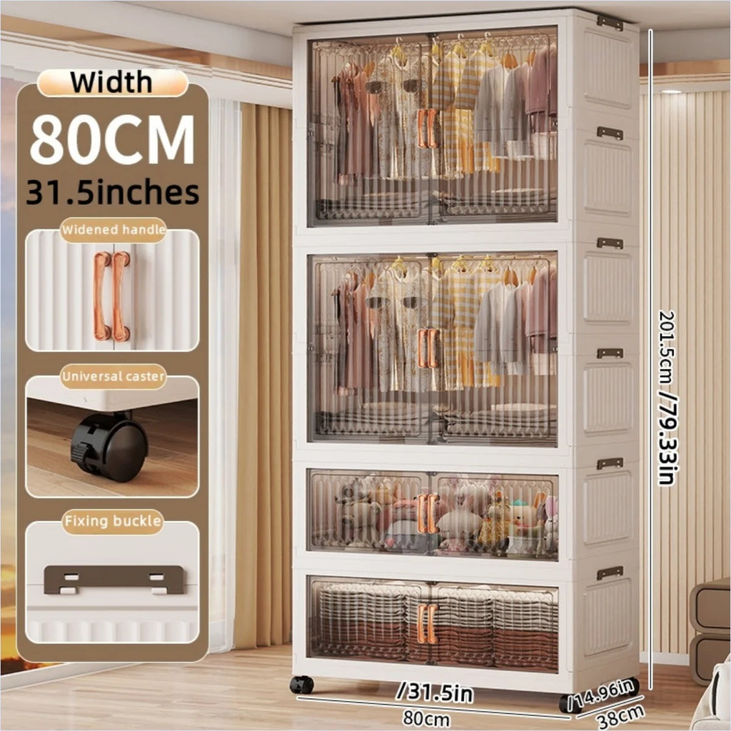 80cm Foldable Double-Door Wardrobe-No Assembly Portable Closet, Large Capacity Storage for Bedroom/Living Room (Clothes/Quilts) Oasis Select 2Large 2Small Clear