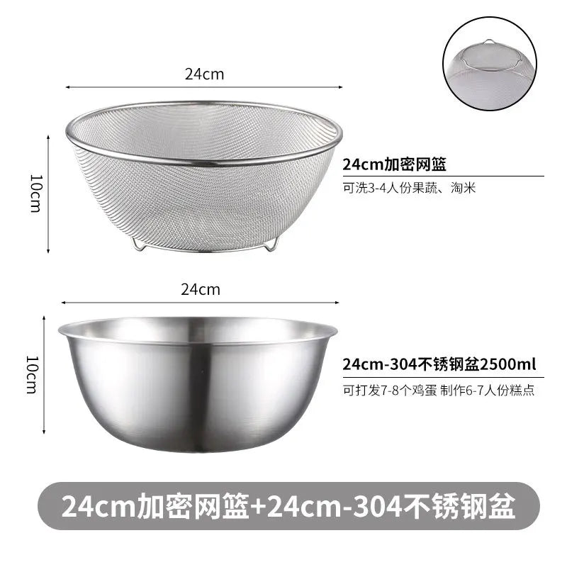 1Set Stainless Steel Drain Basin Basket with Scale Kitchen Basin Rice Washing Artifact Fruit Fruits Drainer Salad Basin Oasis Select 2Pcs-24cm