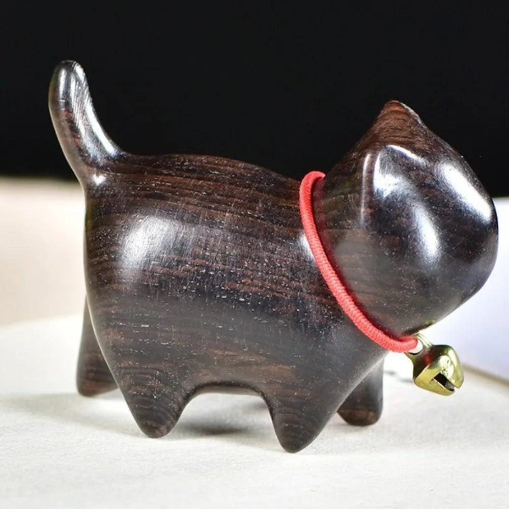 Handmade Wooden Cat Figurine with Bell | Natural Wood Decor Wood Cat Figurine Oasis Select Black With Bell