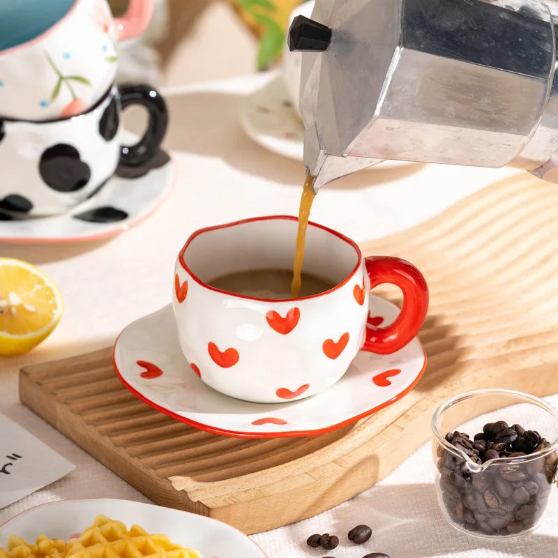 300ML Ceramic Mug Flower Heart Pattern Cute Hand Pinched Irregular Creative Style Coffee Cup Breakfast Milk Afternoon Tea Cups Oasis Select