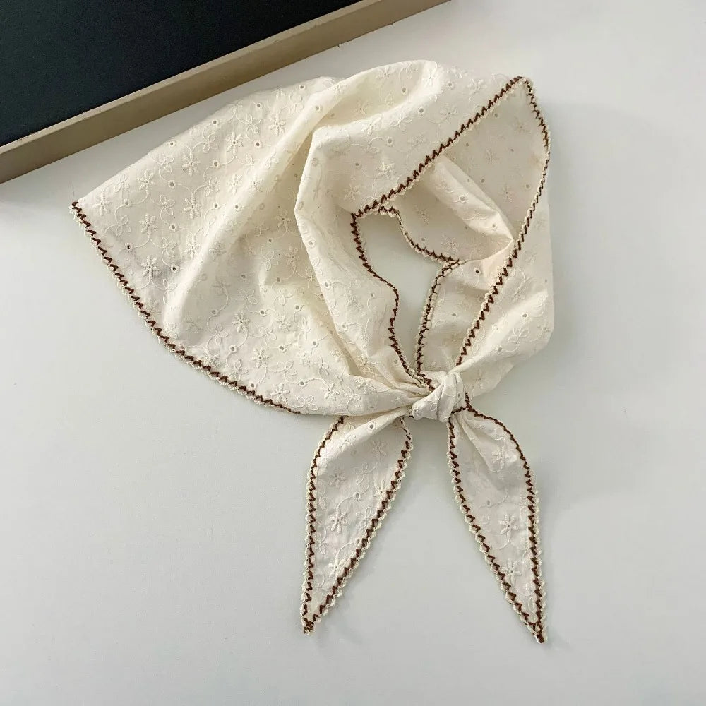 Fashion Embroidered Flowers Flower Neck Scarf Soft Vintage Triangle Hair Head Comfortable Breathable Silk Scarf Summer Oasis Select Beige