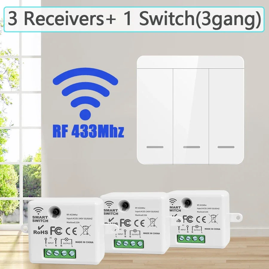 433MHz Wireless Smart Wall Switch 1/2/3 Gang Remote Relay Wireless Light Switch Oasis Select 3Receiver 1Switch