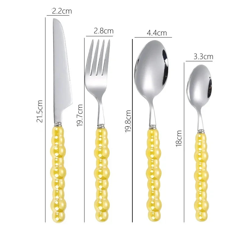 4Pcs/Set Luxury Ceramic Pearl Handle Cutlery Set Knife Fork Spoon Creative Cute Soup Spoon Western Food Steak Knife Spoon Fork Oasis Select Yellow-4pcs