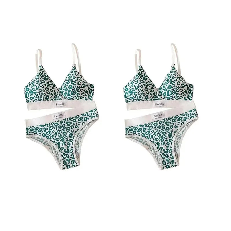 1-4pcs Summer Set New Women's Leopard Print Traceless and Steel Rim Bra Adjustable Shoulder Strap Back Women's Underwear Set Oasis Select Green 2 set One Size