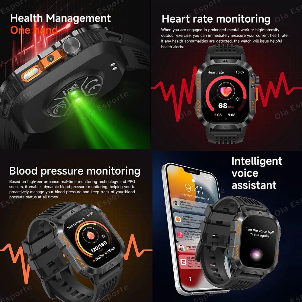 Ola Esporte Military Smart Watch Men – 1200mAh, SOS, IP68