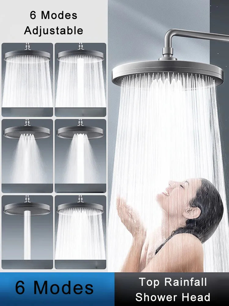 New 6 Modes Big Panel Large Flow Supercharge Rainfall Shower Head High Pressure Top Rain Shower Faucet Bathroom Accessories Oasis Select