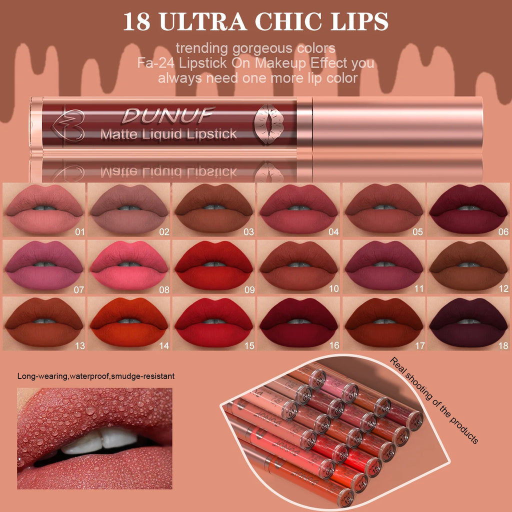DUNUF 12 Pcs Matte Lipstick Lip Gloss Waterproof Long-lasting Easy Coloring Beginner Friendly Non-stick Cup Shape Non-fading Moi Oasis Select