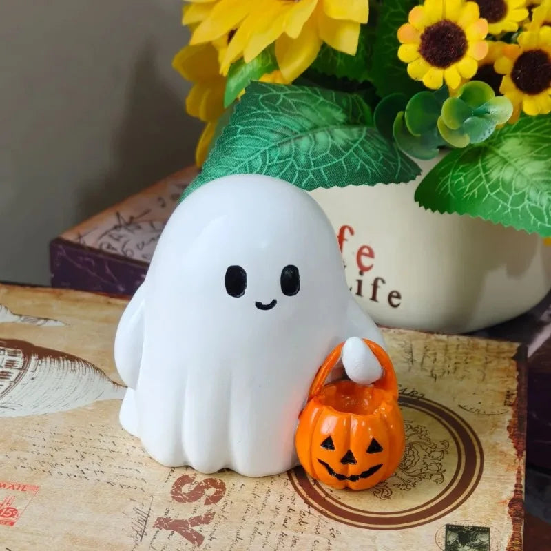 Indoor Outdoor Cute Ghost Statue Holding Pumpkin Statue Resin Halloween Home Decorations for Living Room Bedroom Garden Oasis Select