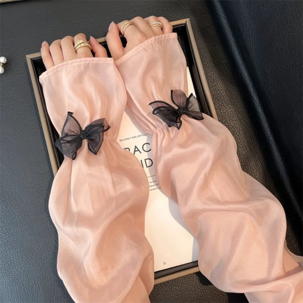 Ice Silk Women's Sun Protection Sleeves Bow Decor Loose Fit Arm Sleeve UV Protection Fairy Style Ice Sleeves Summer Outdoor Oasis Select Pink