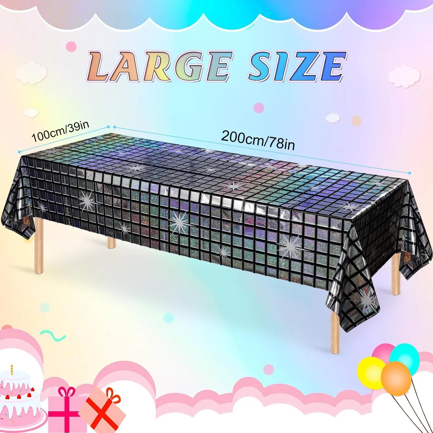 Retro Holographic Table Cover 70s Themed Party Decor Disposable Glitter Tablecloth Disco Ball Design for Bar Events Celebrations Oasis Select