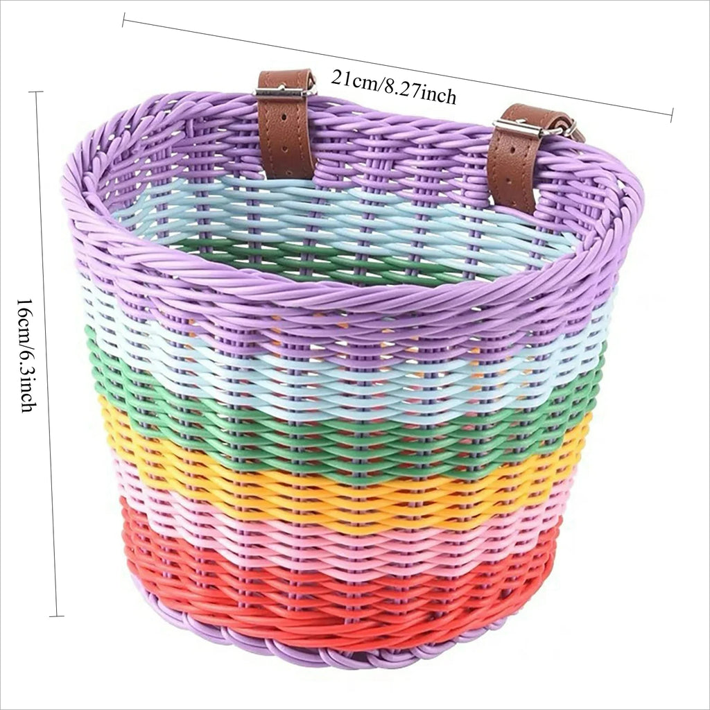 Rainbow Color Bicycle Basket for Kid Front Handlebar Rattan Picnic Basket Plastic Bike Bag Water Bottle Dolls Bicycle Rack Bag Oasis Select M