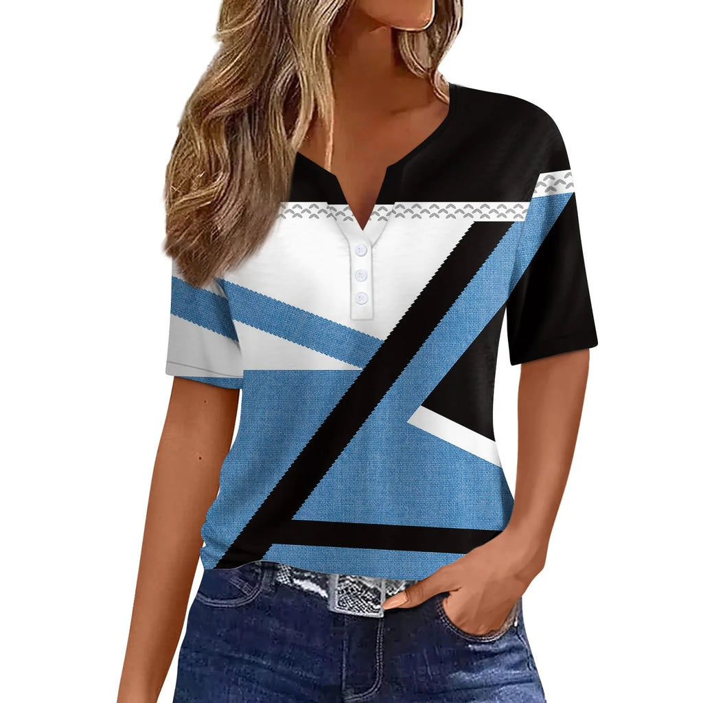 2024 Summer Patchwork T-Shirts Button Tops Womens Casual Short Sleeve Loose Ladies V-Neck Female Street Clothes Pullover Oasis Select