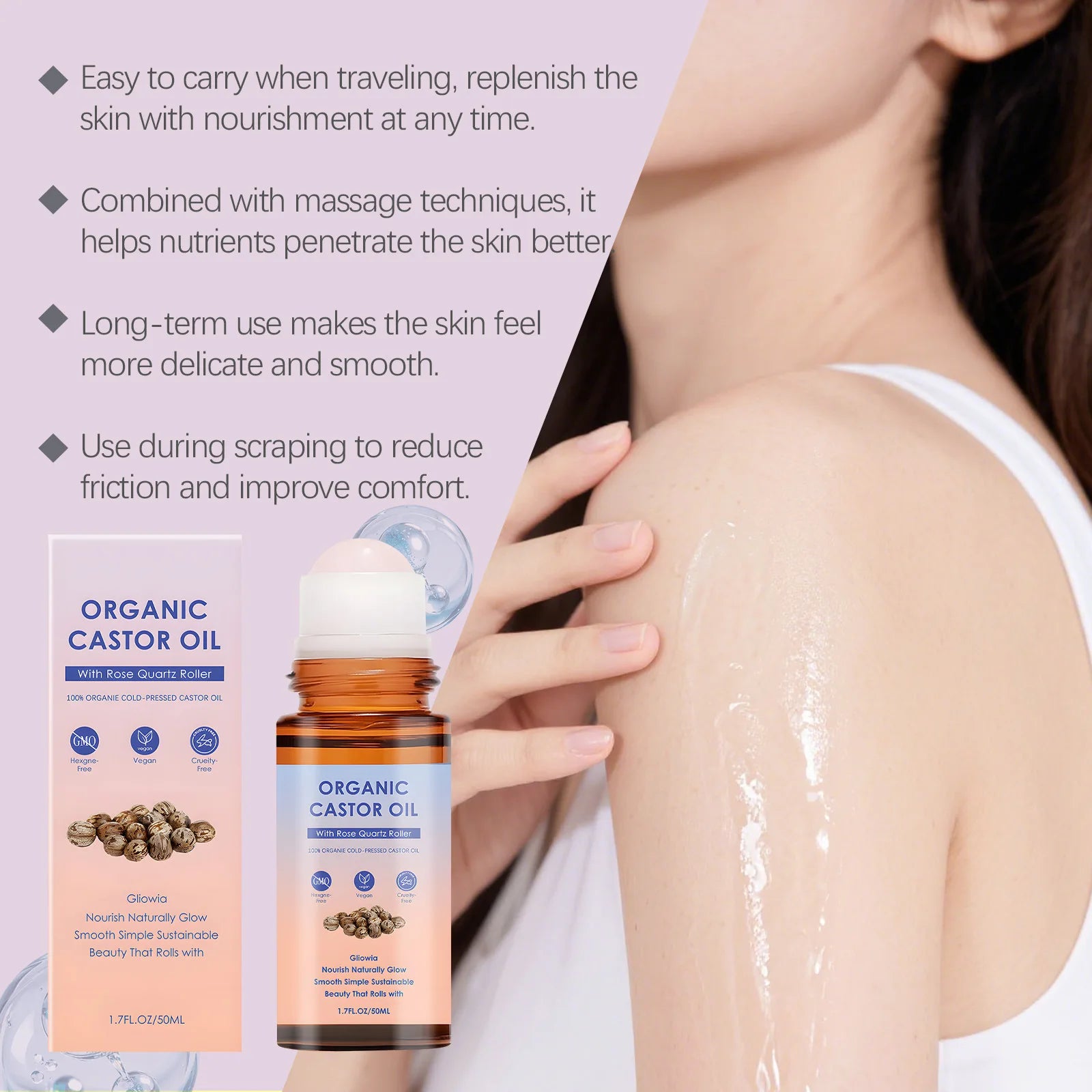 Organic Castor Oil Rose Quartz Roller Ball | 50ml Castor Oil Roller Oasis Select