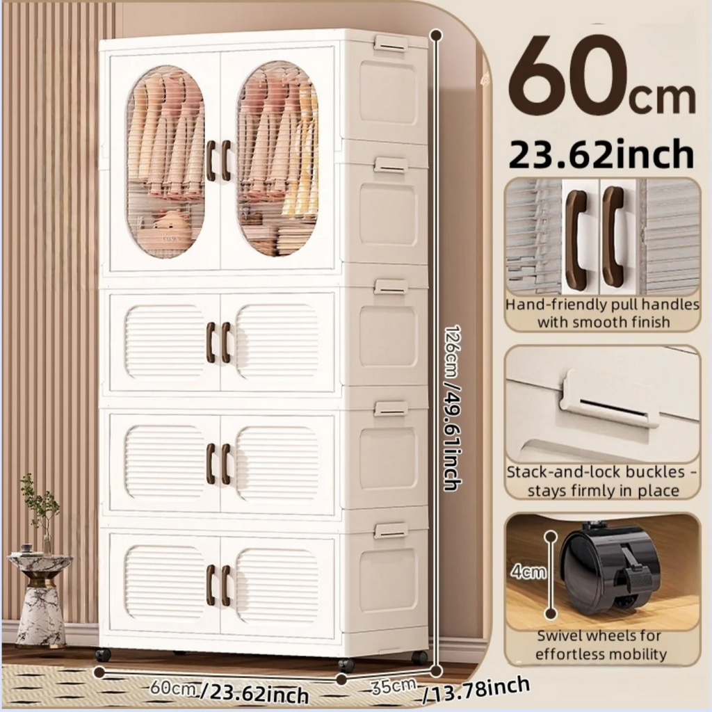 60cm Double-Door Foldable Wardrobe with Wheels - Large Capacity Magnetic Closure Storage for Clothes/Quilts, Bedroom/Living Room Oasis Select 1 cabinet 3 drawers