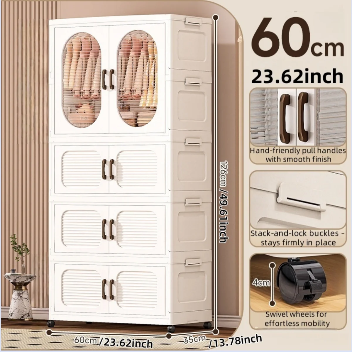 60cm Double-Door Foldable Wardrobe with Wheels - Large Capacity Magnetic Closure Storage for Clothes/Quilts, Bedroom/Living Room Oasis Select 1 cabinet 3 drawers